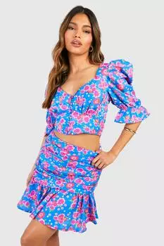Топ с рукавами ditsy цветочный и мини с рукавами Boohoo, синий