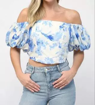 Топ с рукавами-фонариками Flora в синем/кремовом цвете FATE