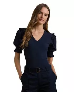 Топ с рукавами-фонариками из хлопковой смеси в рубчик Ralph Lauren, синий