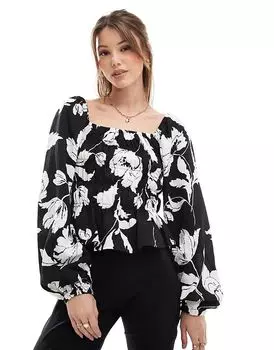 Топ с рукавами-фонариками в монохромном цветочном стиле Vero Moda