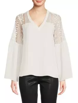 Топ с рукавами-колокольчиками и V-образным вырезом, связанный крючком T Tahari, цвет Star White