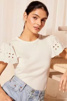 Топ с рукавами крылышками и вышивкой в рубчик Friends Like These, бежевый