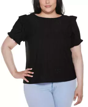Топ с рукавами-рюшами и ажурной вязкой Plus Size Belldini, черный