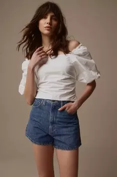 Топ с рюшами вырезом бардо и рукавами-буфами Laura Ashley, белый