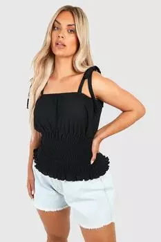 Топ с текстурным завязком и гофрами на плечах Boohoo, черный