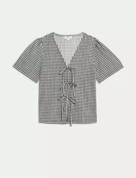 Топ с текстурой в клетку с V-образным вырезом и завязкой спереди Marks & Spencer, черный