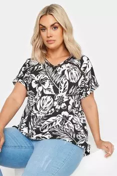 Топ с тропическим принтом и объемным подолом Yours, черный