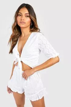 Топ с узелом и шорты с рубками по низу Boohoo, слоновая кость
