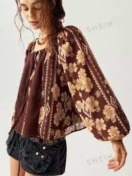 Топ с узором Boho Feels Тип талии Коричневая лоскутная ткань женская, осень Shein, мультиколор