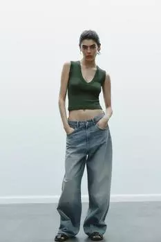 Топ с v-образным вырезом ZARA, зеленый