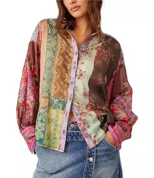 Топ с воротником и длинными рукавами Free People с цветочной нашивкой, мультиколор