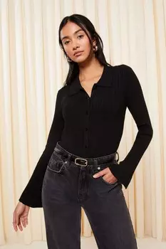Топ с воротником в рубчик и застежкой на пуговицы Friends Like These, черный