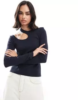 Топ с вырезами в рубчик темно-синего цвета Edited