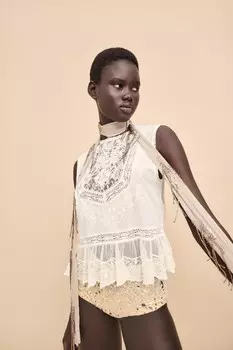 Топ с вышивкой бисером ZARA, устрично-белый