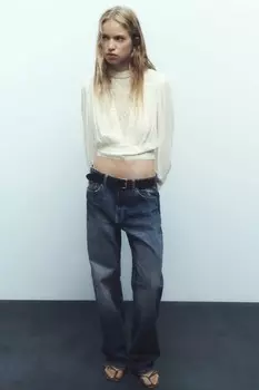 Топ с вышивкой с поясом на талии ZARA, экру