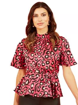 Топ с высоким воротником и животным принтом Mela London, Розовый/Мульти