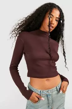 Топ с высоким воротом и длинными рукавами basic rib Boohoo, шоколадный