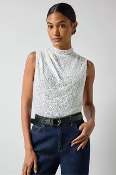 Топ с высоким воротом, расшитый пайетками Ro&Zo, белый