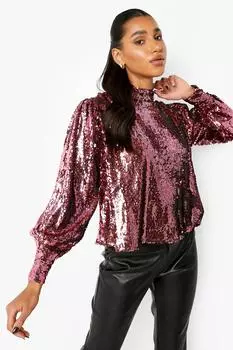 Топ с высоким высоким высоким объемом с пайетками Boohoo, розовый