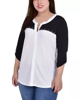 Топ с заклепками и рукавами 3/4 больших размеров, контрастной кокеткой и рукавами NY Collection, мульти