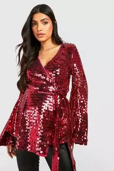 Топ с запахом для материалов с пайетками и рукавами Boohoo, розовый