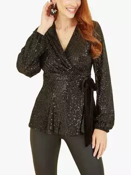 Топ с запахом и пайетками Yumi, черный