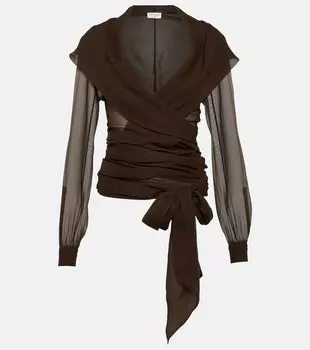 Топ с запахом из шелкового крепа с капюшоном SAINT LAURENT, коричневый