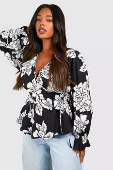 Топ с запахом plus mono с цветочными руфлями Boohoo, черный