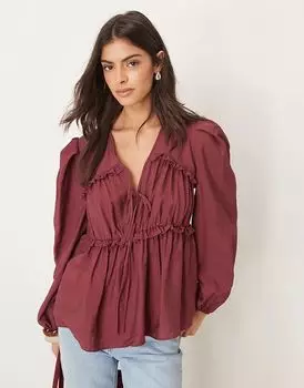Топ с завязками спереди и сборками в бордовом цвете ASOS DESIGN