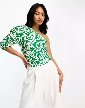 Топ с зелено-кремовым цветочным принтом и сборкой по бокам ASOS, с ремнем на плечо
