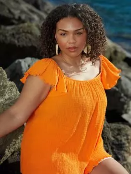 Топ с жатыми рукавами и оборками Live Unlimited Curve, оранжевый
