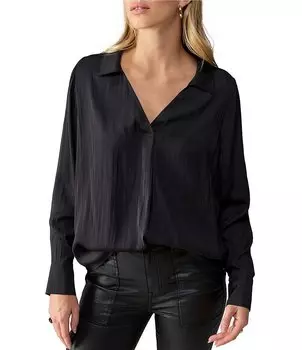 Топ Sanctuary с атласным воротником с V-образным вырезом и длинными рукавами и манжетами на пуговицах, черный