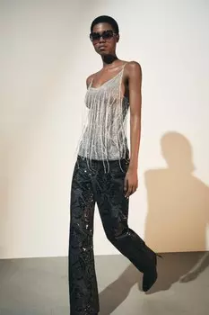 Топ сетчатый с открытой спиной, расшитый бисерами ZARA, серебряный