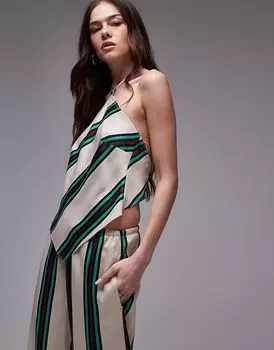 Топ-шарф Topshop из атласа бежевого цвета с полосками бордового и петролеумового цветов, коорд