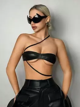 Топ SHEIN ICON нестандартной формы, суперукороченный, на одно плечо, искусственная кожа, черный цвет