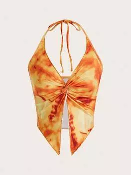 Топ SHEIN ICON с воротником-бретелькой, тай-дай, завязанный узел, асимметричный подол, оранжевый цвет