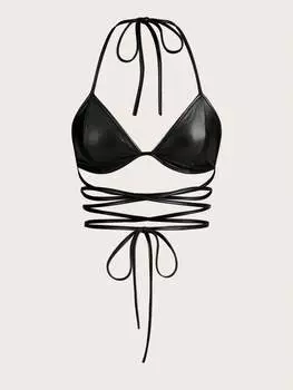 Топ SHEIN ICON, завязанный крестиком, открытая спина, гладкая черная кожа, воротник-хомутик, черный, черный цвет