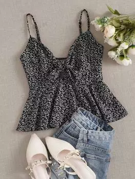 Топ Shein WYWH Vacation Ditsy Floral на бретельках, черный / красный