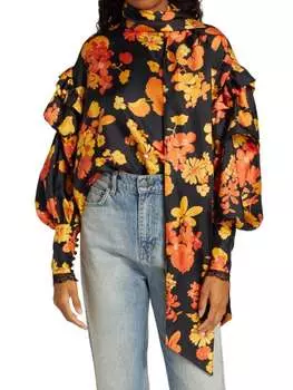 Топ Шелковый Meryll Rogge с объемными рукавами и цветочным принтом, оранжевый