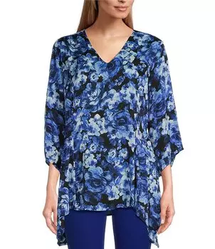 Топ Slim Factor By Investments с V-образным вырезом и скошенными рукавами 3/4, цветочный