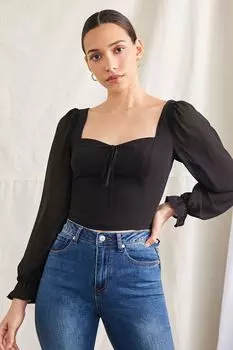 Топ со сборками и рукавами-трубой Forever 21, черный