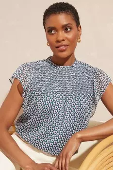 Топ со сборками короткими рукавами высоким воротником и сборкой спереди Love & Roses, синий