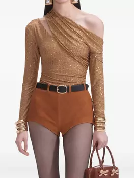 Топ со стразами Self-Portrait, коричневый