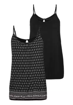 Топ-спагетти LASCANA (2 шт. в упаковке), с рюшами на вырезе, цвет Schwarz-Gemustert, Schwarz-Uni