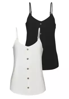 Топ-спагетти LASCANA (в упаковке 2 шт.), топ с декоративной планкой на пуговицах из смесовой вискозы, черный