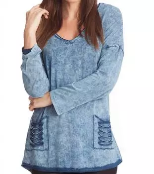 Топ Stonewash с V-образным вырезом и прорезными карманами светло-голубого цвета ANGEL