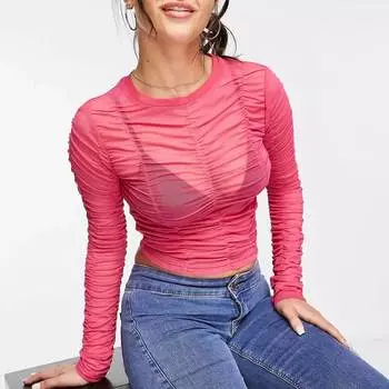 Топ Stradivarius Ruched Mesh, розовый
