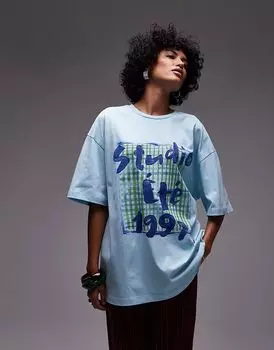 Топ свободного кроя из джерси Topshop с графическим принтом в виде шарфа светло-голубого цвета