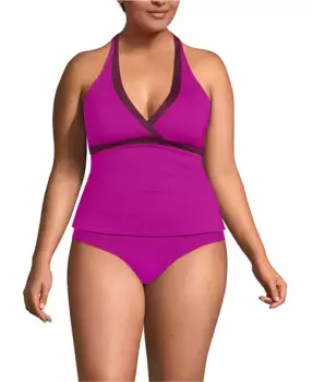 Топ-танкини с V-образным вырезом и бретелями на шее Plus Size Lands' End, розовый