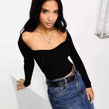 Топ Threadbare Petite Vanessa Sweetheart Neckline Ribbed, черный